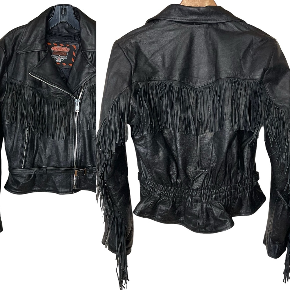 INTERSTATE LEATHER sz Small - Medium Leather Moto Jacket Insane  Fringe Black